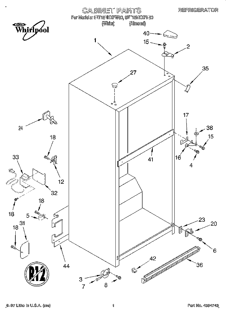 CABINET Diagram and Parts List for 9ET18NKXFN00  Whirlpool Refrigerator