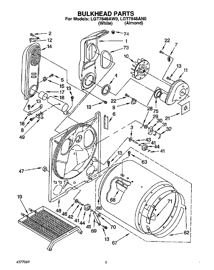 BULKHEAD Diagram and Parts List for LGT7848AN0  Whirlpool Dryer