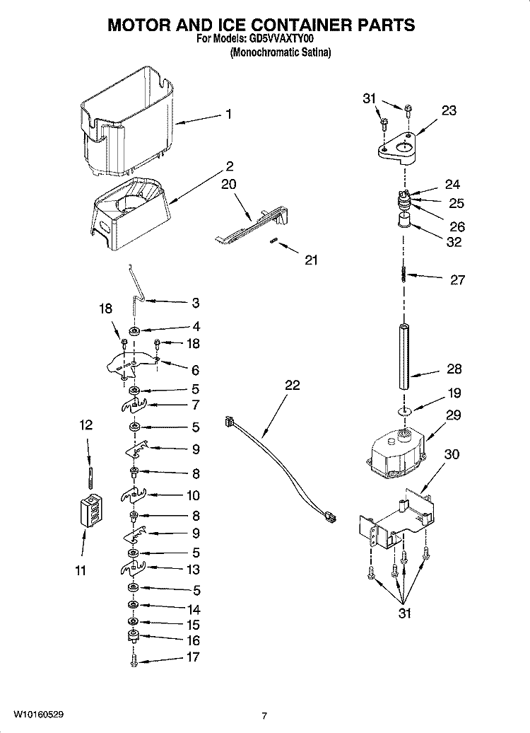 MOTOR AND ICE CONTAINER PARTS Diagram and Parts List for GD5VVAXTY00  Whirlpool Refrigerator