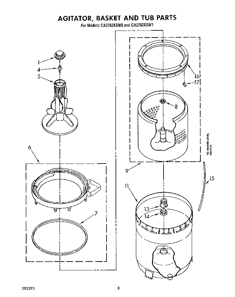 AGITATOR BASKET AND TUB Diagram and Parts List for CA2762XSW0  Whirlpool Washer