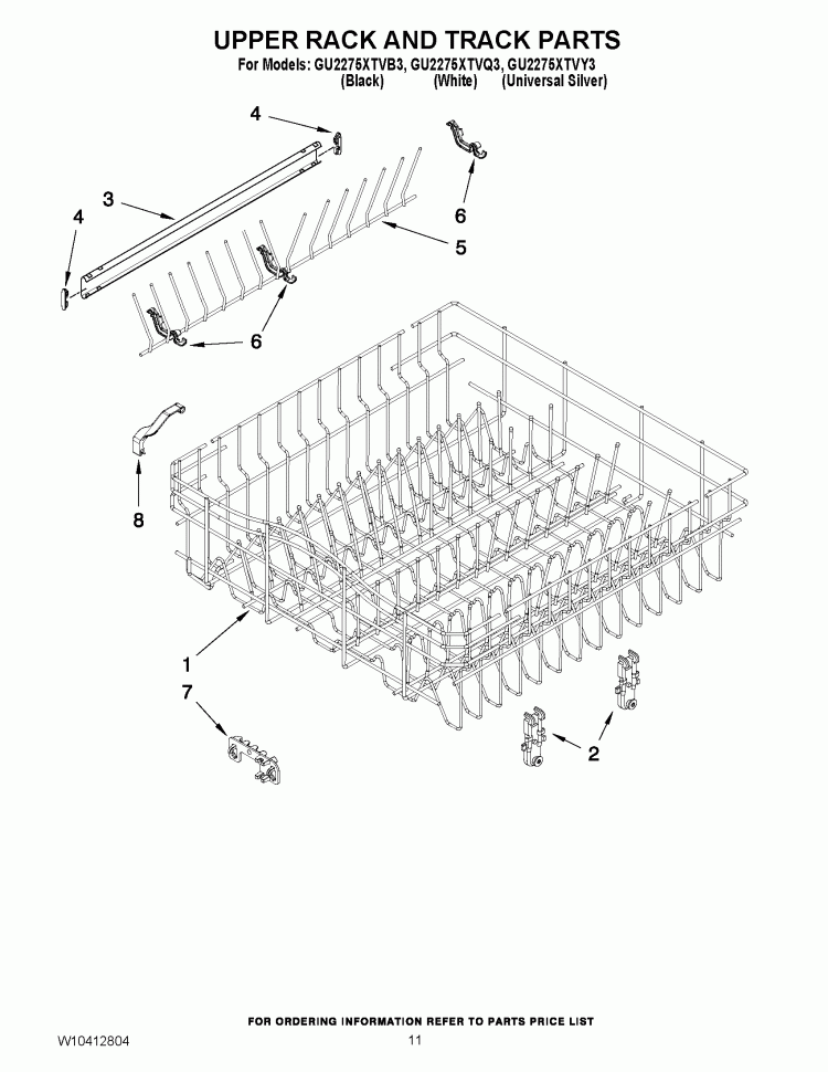 UPPER RACK AND TRACK PARTS Diagram and Parts List for GU2275XTVY3  Whirlpool Dishwasher