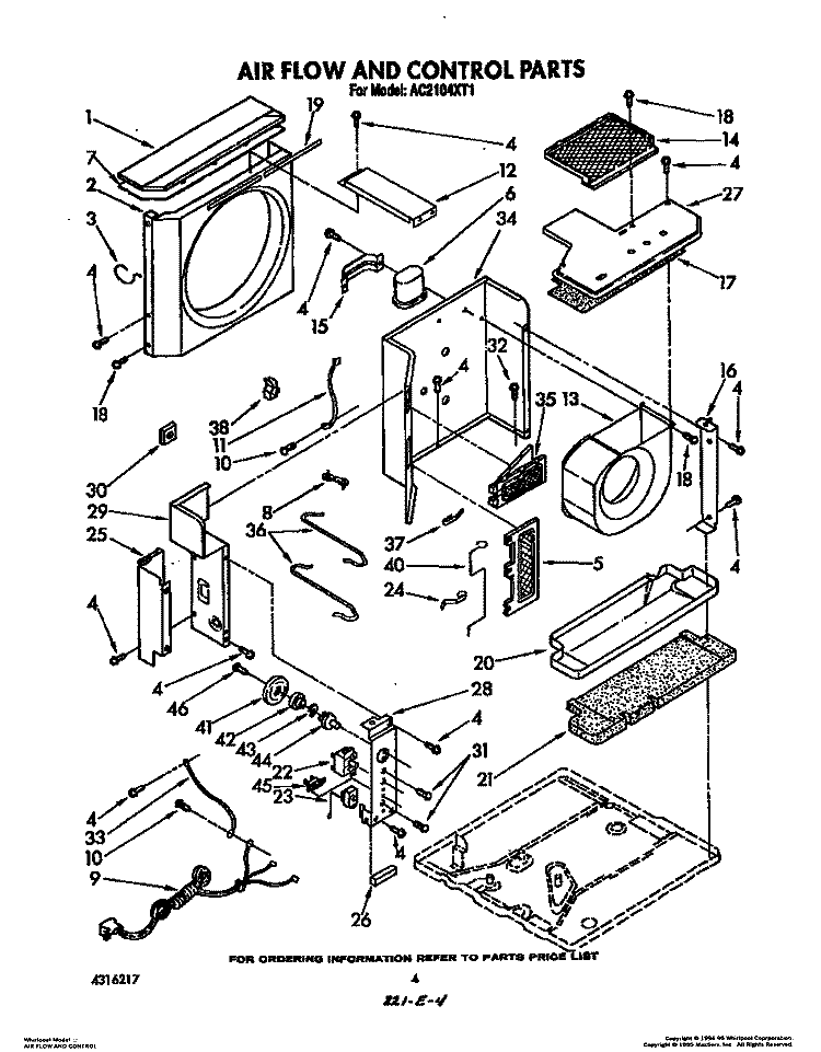 AIR FLOW AND CONTROL Diagram and Parts List for AC2104XT1  Whirlpool Air Conditioner