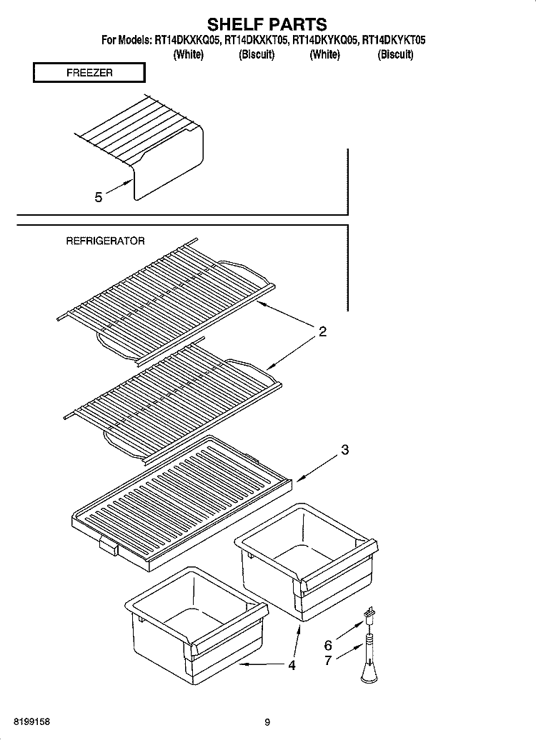 SHELF PARTS, OPTIONAL PARTS Diagram and Parts List for RT14DKXKT05  Roper Refrigerator