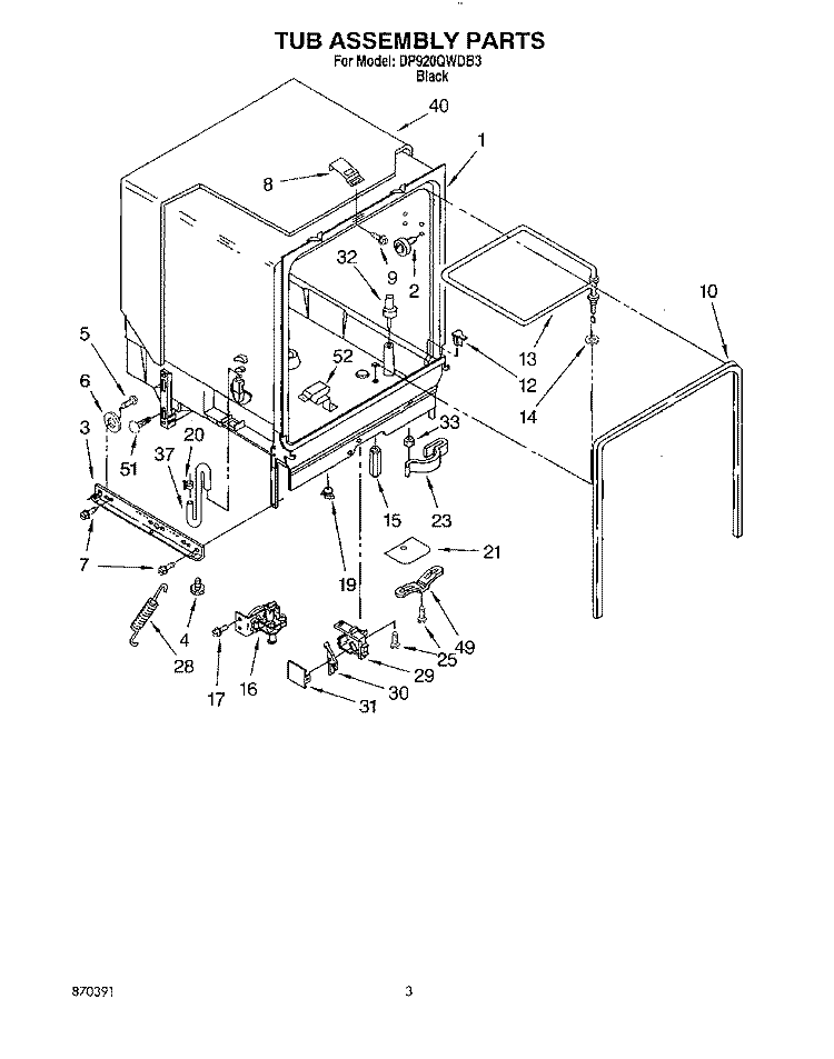 TUB ASSEMBLY Diagram and Parts List for DP920QWDB3  Whirlpool Dishwasher