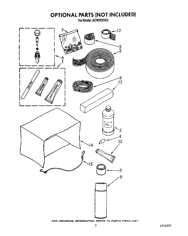 OPTIONAL PARTS (NOT INCLUDED) Diagram and Parts List for ACM052XX2  Whirlpool Air Conditioner