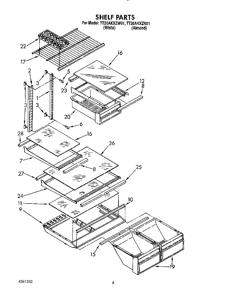 SHELF Diagram and Parts List for TT20AKXZN01  Whirlpool Refrigerator