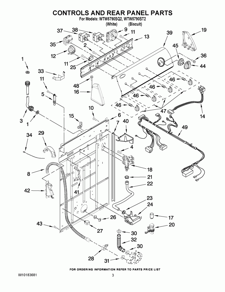 CONTROLS AND REAR PANEL PARTS Diagram and Parts List for WTW5790SQ2  Whirlpool Washer