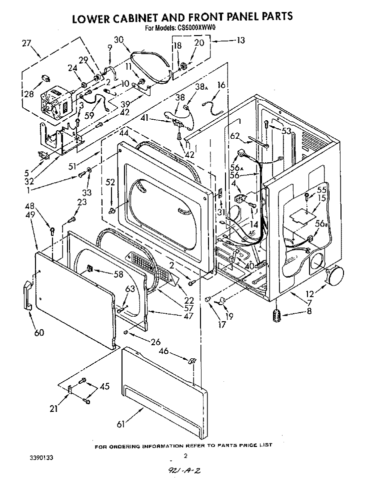 LOWER CABINET AND FRONT PANEL Diagram and Parts List for CS5000XWN0  Whirlpool Dryer