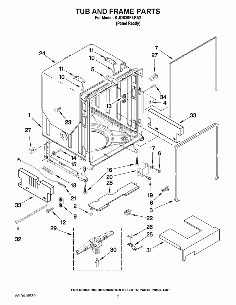 TUB AND FRAME PARTS Diagram and Parts List for KUDS30FXPA2  KitchenAid Dishwasher