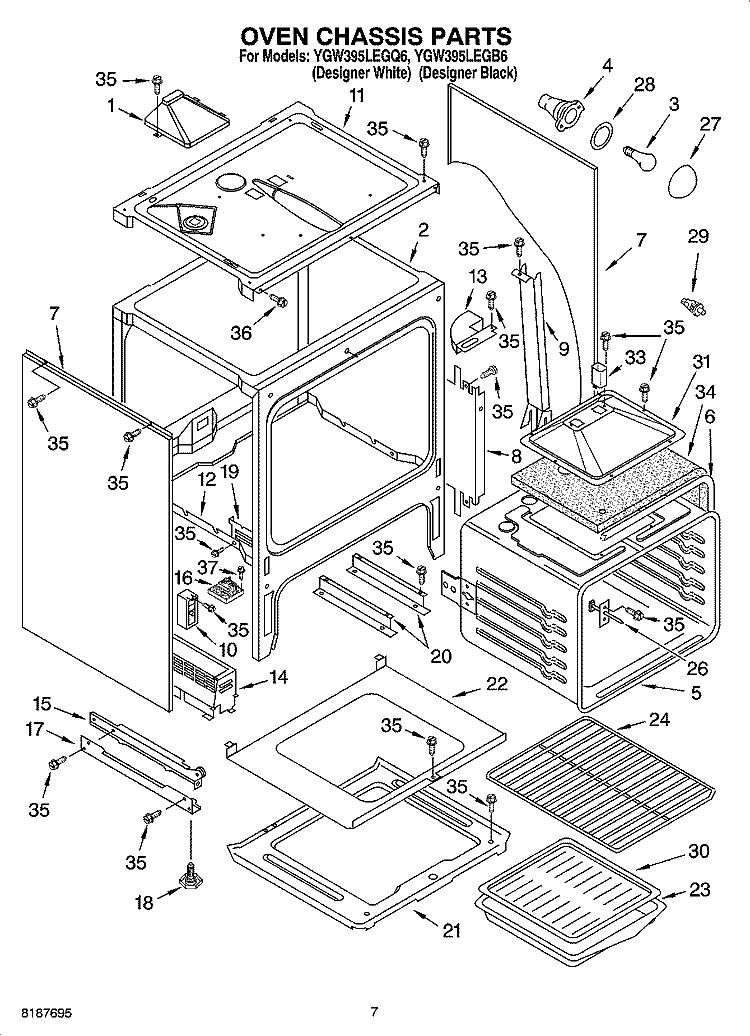 OVEN CHASSIS PARTS Diagram and Parts List for YGW395LEGQ6  Whirlpool Range