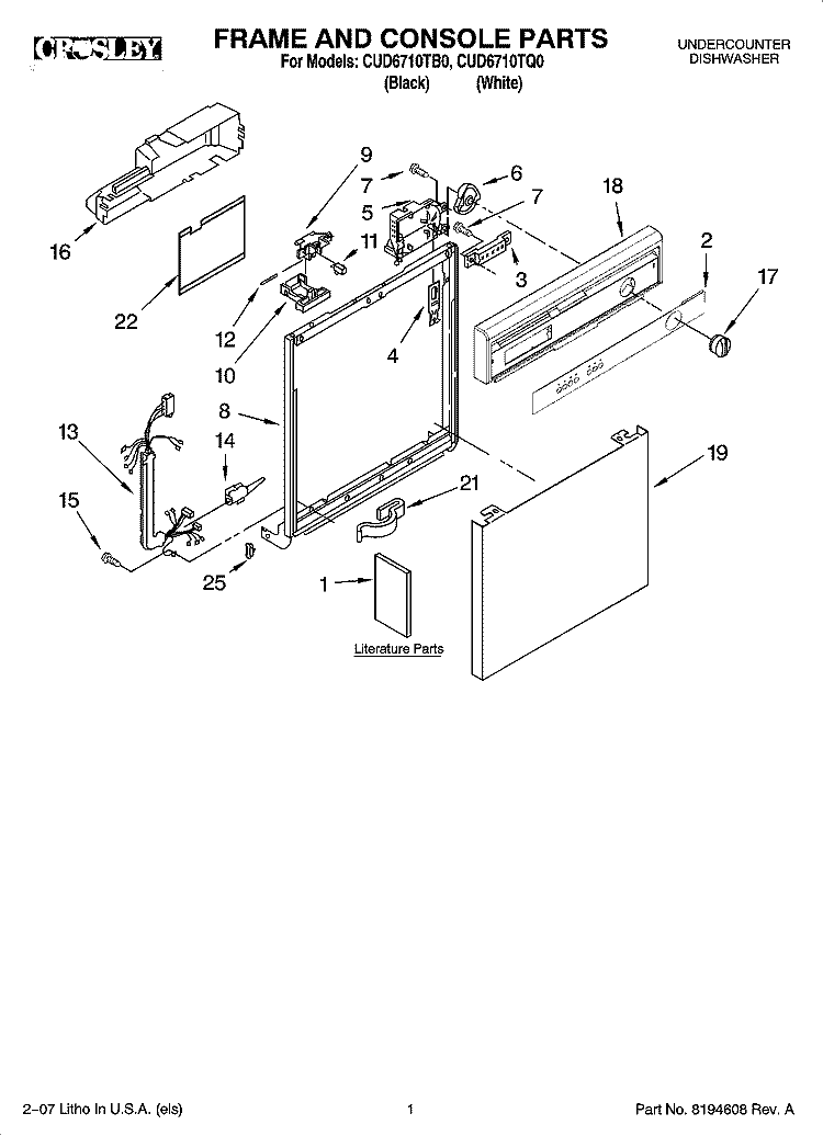 FRAME AND CONSOLE PARTS Diagram and Parts List for CUD6710TQ0  Crosley Dishwasher