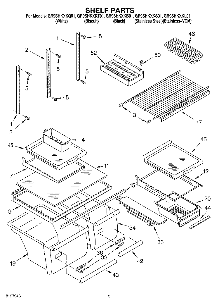 SHELF Diagram and Parts List for GR9SHKXKT01  Whirlpool Refrigerator