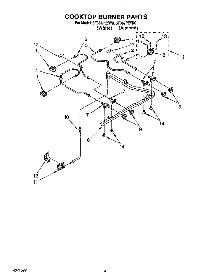COOKTOP BURNER Diagram and Parts List for SF367PEYN0  Whirlpool Range