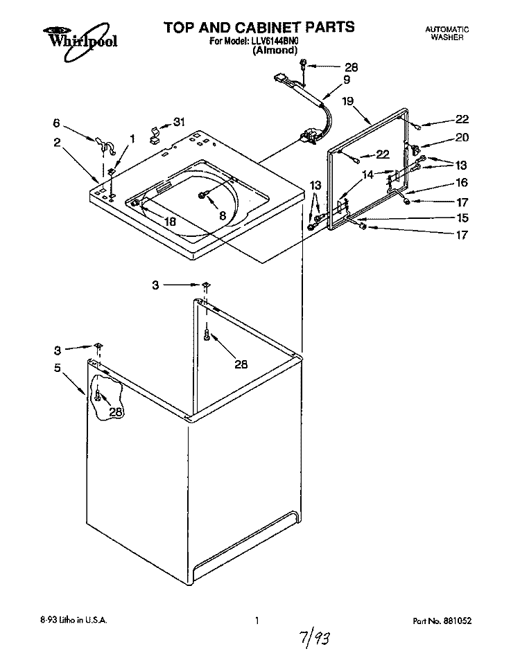TOP AND CABINET, LIT/OPTIONAL Diagram and Parts List for LLV6144BN0  Whirlpool Washer