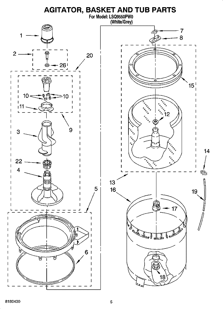 AGITATOR, BASKET AND TUB PARTS Diagram and Parts List for LSQ9550PW0  Whirlpool Washer