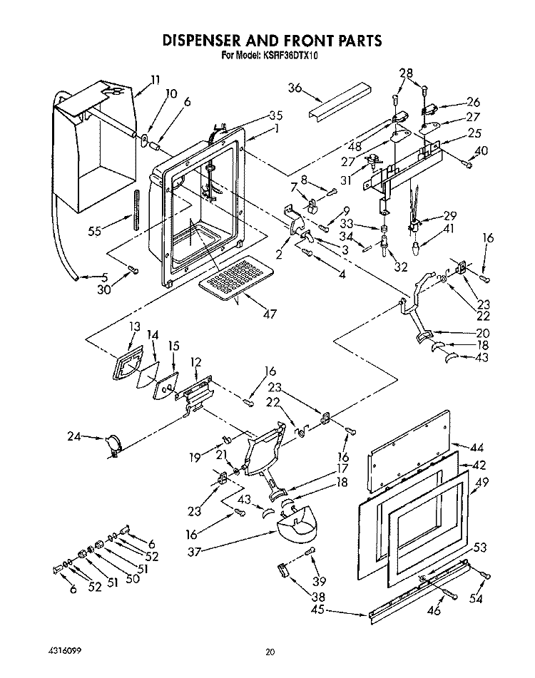 DISPENSER AND FRONT Diagram and Parts List for KSRF36DTX10  KitchenAid Refrigerator