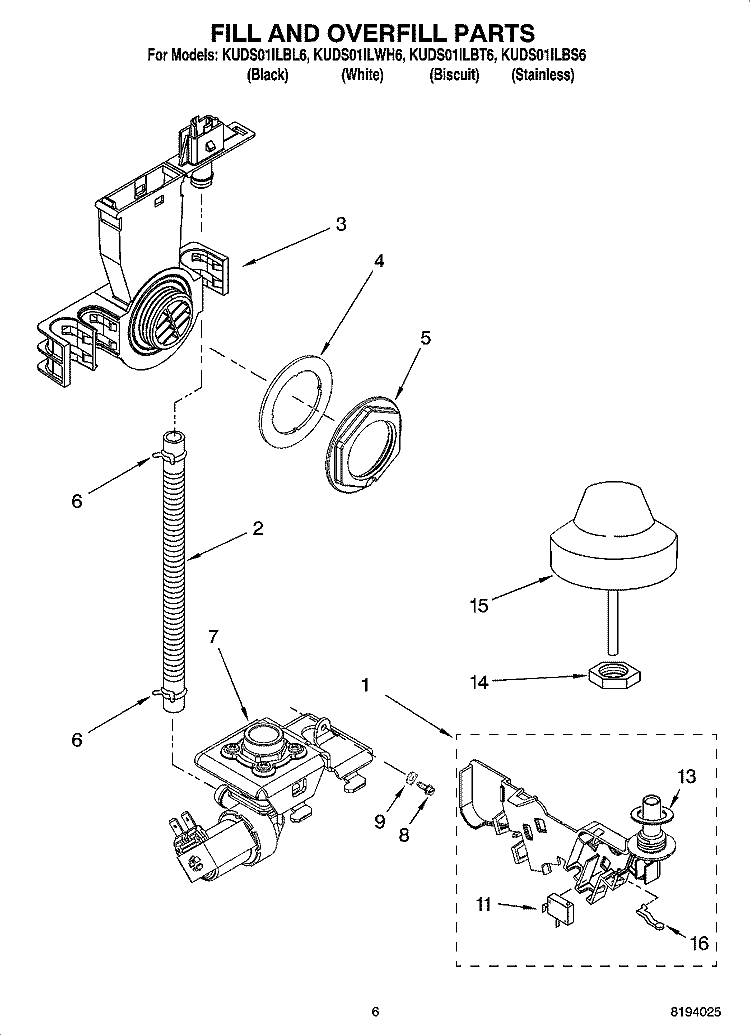FILL AND OVERFILL PARTS Diagram and Parts List for KUDS01ILWH6  KitchenAid Dishwasher