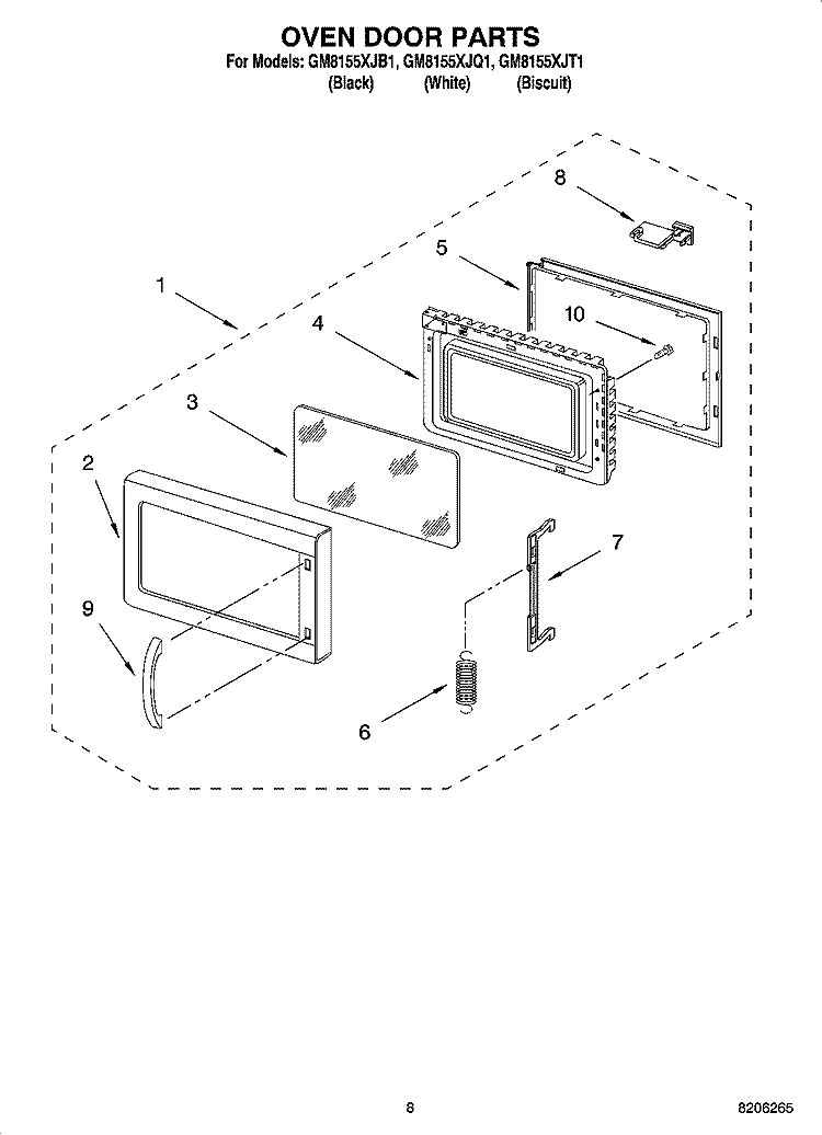 OVEN DOOR PARTS Diagram and Parts List for GM8155XJB1  Whirlpool Microwave