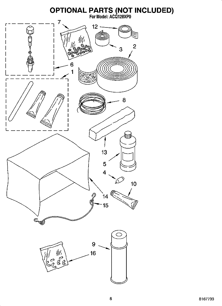 OPTIONAL  PARTS (NOT INCLUDED) Diagram and Parts List for ACQ128XP0  Whirlpool Air Conditioner