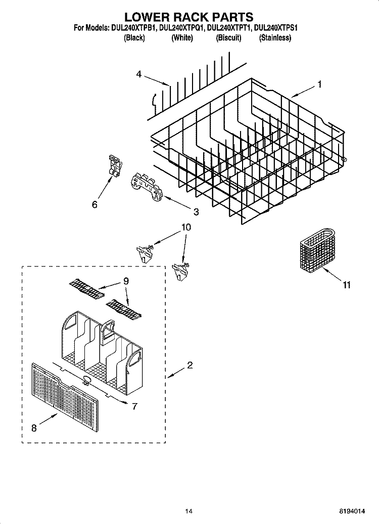 LOWER RACK PARTS, OPTIONAL PARTS (NOT INCLUDED) Diagram and Parts List for DUL240XTPT1  Whirlpool Dishwasher