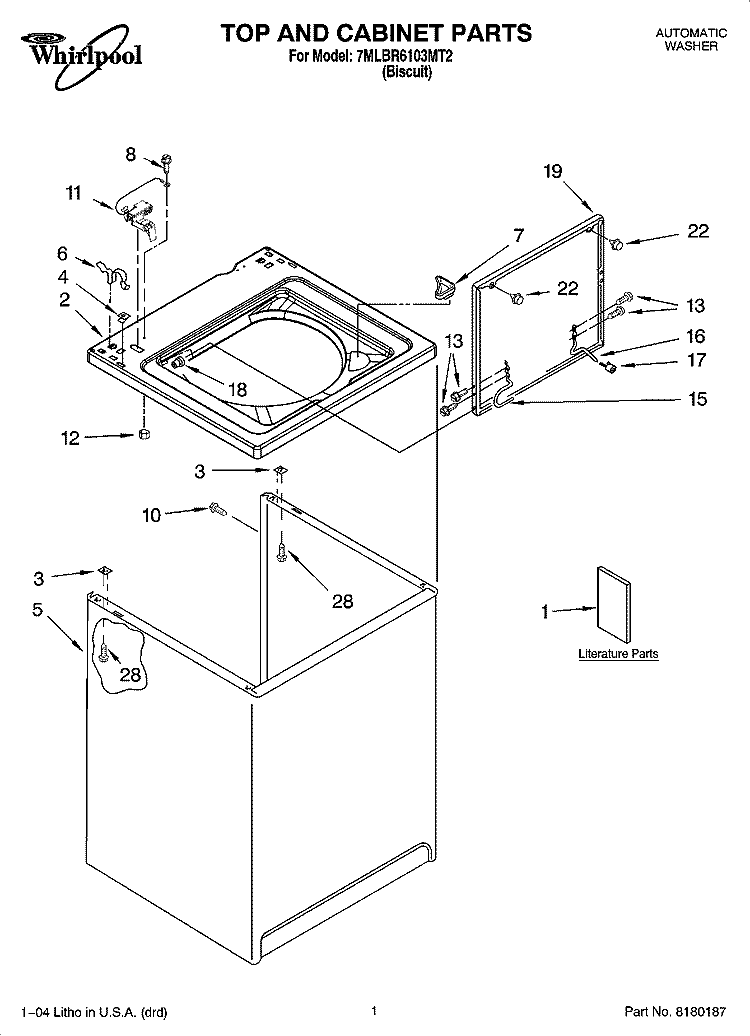 TOP AND CABINET PARTS Diagram and Parts List for 7MLBR6103MT2  Whirlpool Washer