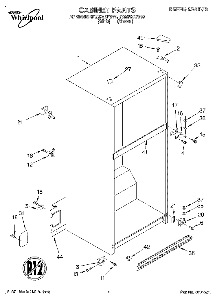 CABINET Diagram and Parts List for ET22DMXFW00  Whirlpool Refrigerator