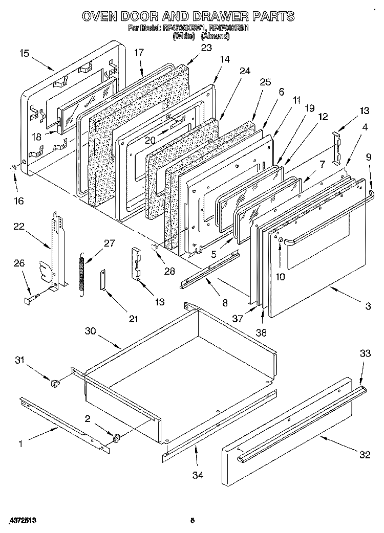 OVEN DOOR AND DRAWER Diagram and Parts List for RF4700XBN1  Whirlpool Range