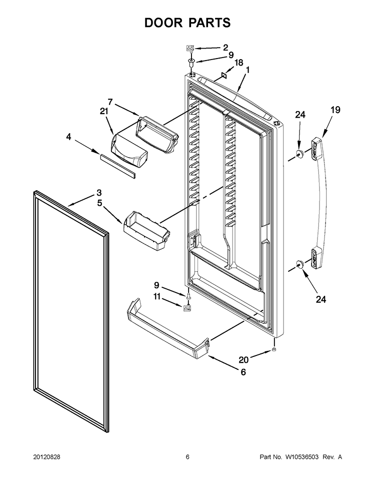 DOOR PARTS Diagram and Parts List for 5VEL88TRAQ00  Whirlpool Refrigerator