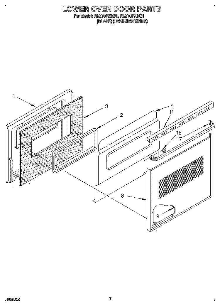 LOWER OVEN DOOR, OPTIONAL Diagram and Parts List for RB270PXBQ1  Whirlpool Wall Oven