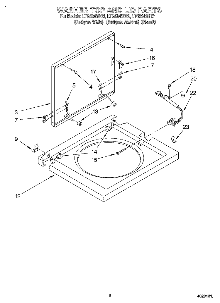 WASHER TOP AND LID Diagram and Parts List for LTG5243DT2  Whirlpool Washer Dryer Combo