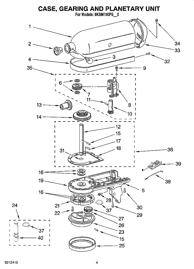 CASE, GEARING AND PLANETARY UNIT Diagram and Parts List for 9KSM150PSOB0  KitchenAid Mixer