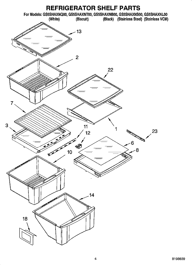 REFRIGERATOR SHELF PARTS Diagram and Parts List for GS5SHAXNQ00  Whirlpool Refrigerator