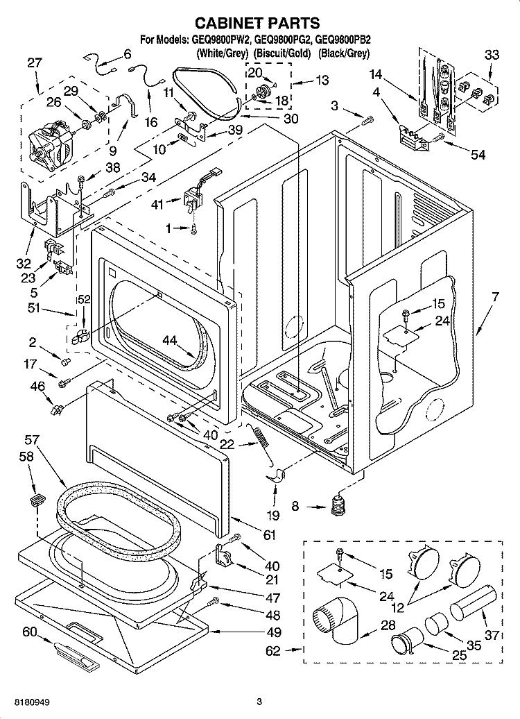 CABINET PARTS Diagram and Parts List for GEQ9800PB2  Whirlpool Dryer