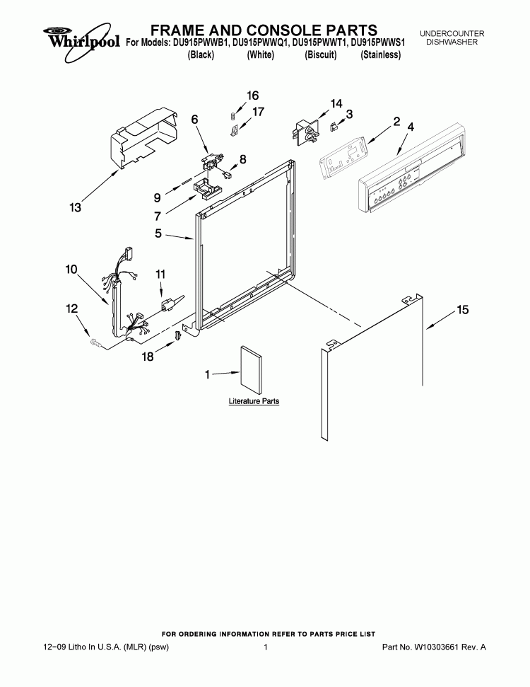 FRAME AND CONSOLE PARTS Diagram and Parts List for DU915PWWB1  Whirlpool Dishwasher