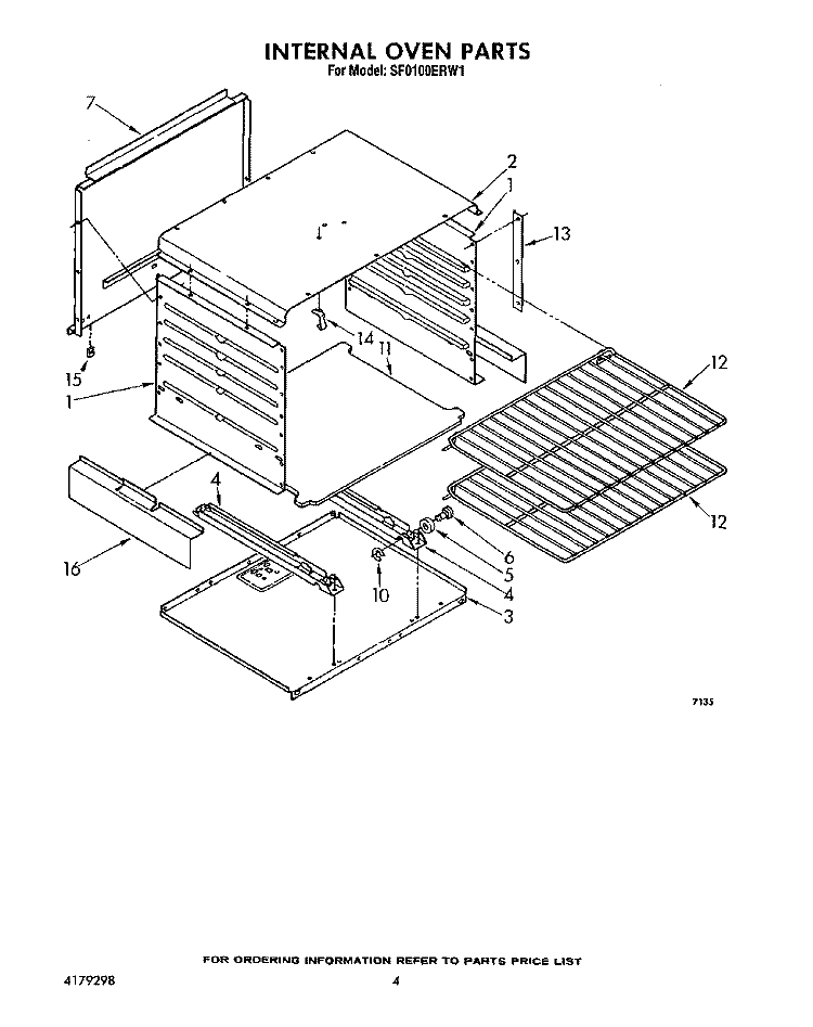 INTERNAL OVEN Diagram and Parts List for SF0100ERW1  Whirlpool Range