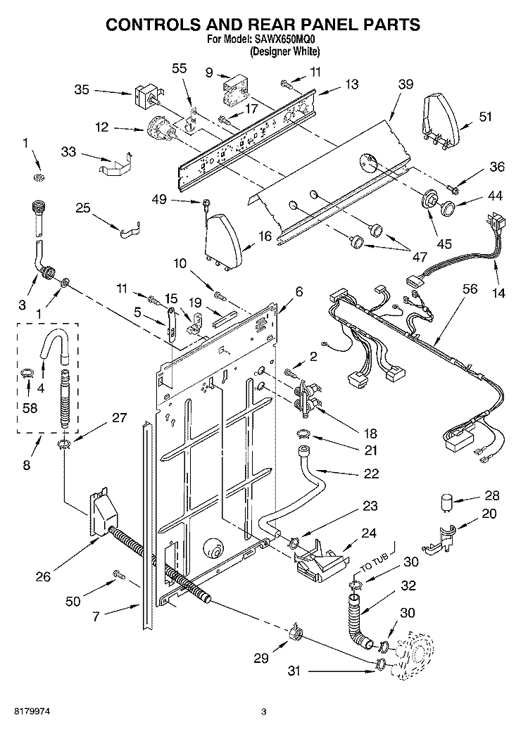 CONTROL AND REAR PANEL PARTS Diagram and Parts List for SAWX650MQ0  Whirlpool Washer