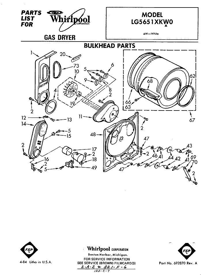 BULKHEAD Diagram and Parts List for LG5651XKW0  Whirlpool Dryer