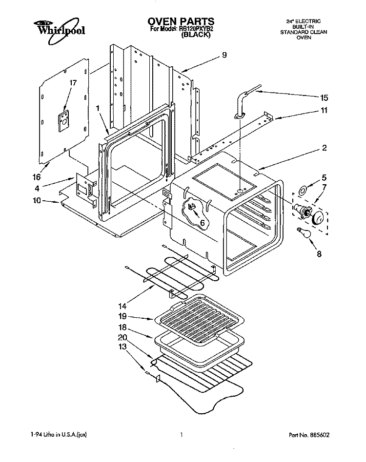 OVEN Diagram and Parts List for RB120PXYB2  Whirlpool Wall Oven