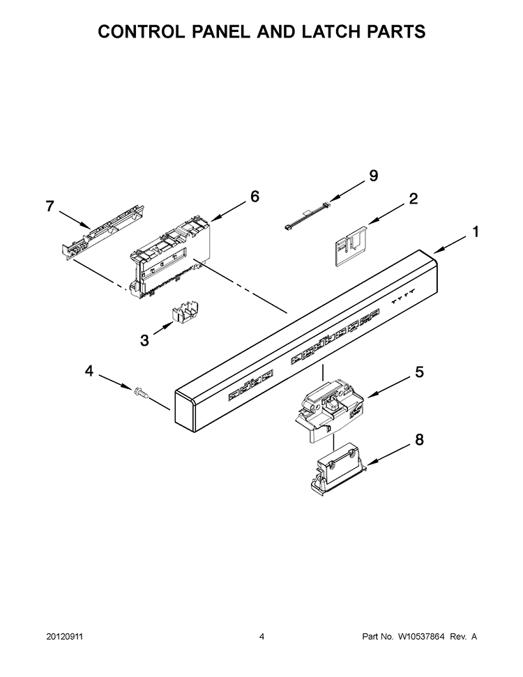 CONTROL PANEL AND LATCH PARTS Diagram and Parts List for KUDS30IBWH0  KitchenAid Dishwasher