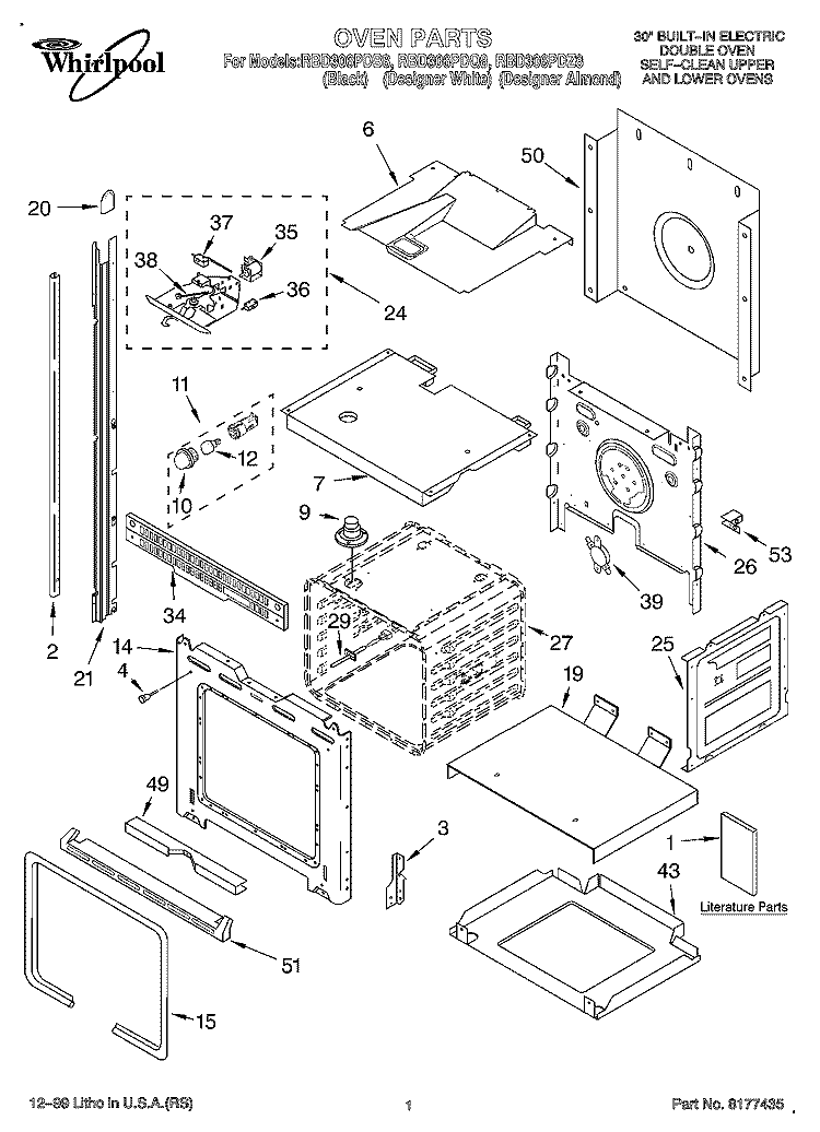 OVEN, LITERATURE Diagram and Parts List for RBD306PDZ8  Whirlpool Wall Oven