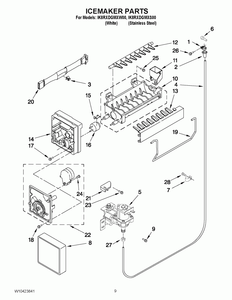 ICEMAKER PARTS Diagram and Parts List for IK8RXDGMXW00  Whirlpool Refrigerator