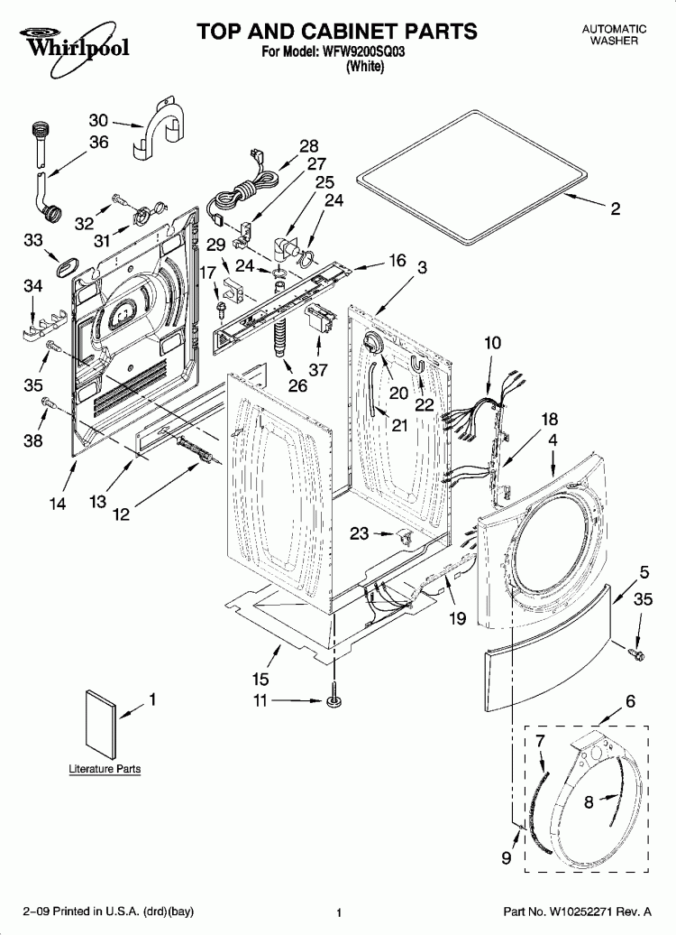 TOP AND CABINET PARTS Diagram and Parts List for WFW9200SQ03  Whirlpool Washer