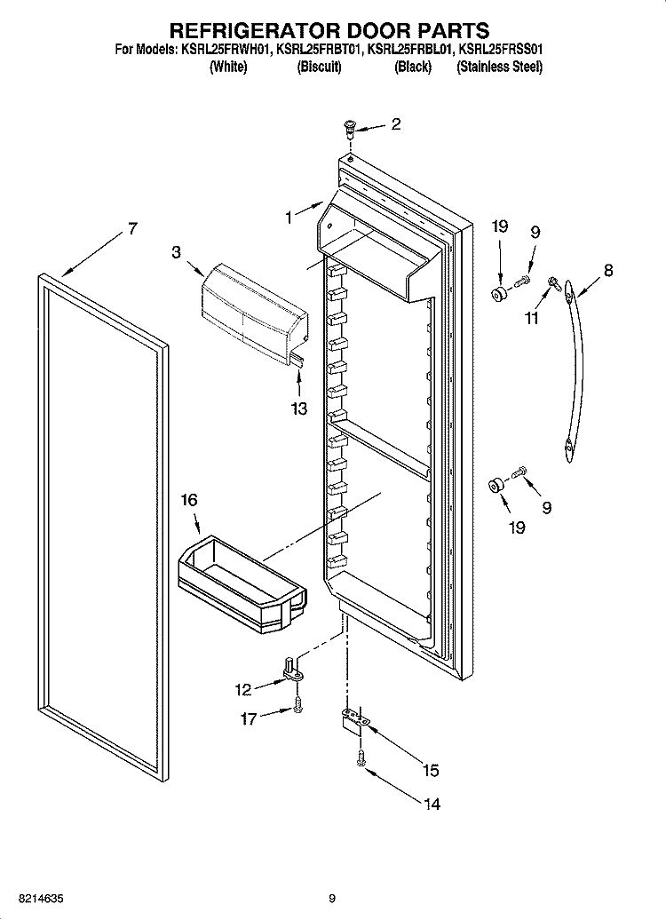 REFRIGERATOR DOOR PARTS Diagram and Parts List for KSRL25FRBL01  KitchenAid Refrigerator