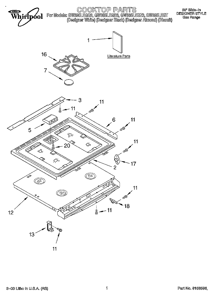 COOKTOP, LITERATURE Diagram and Parts List for GW395LEGB3  Whirlpool Range