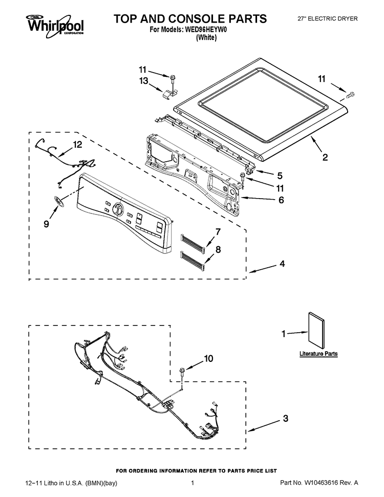 TOP AND CONSOLE PARTS Diagram and Parts List for WED96HEYW0  Whirlpool Dryer