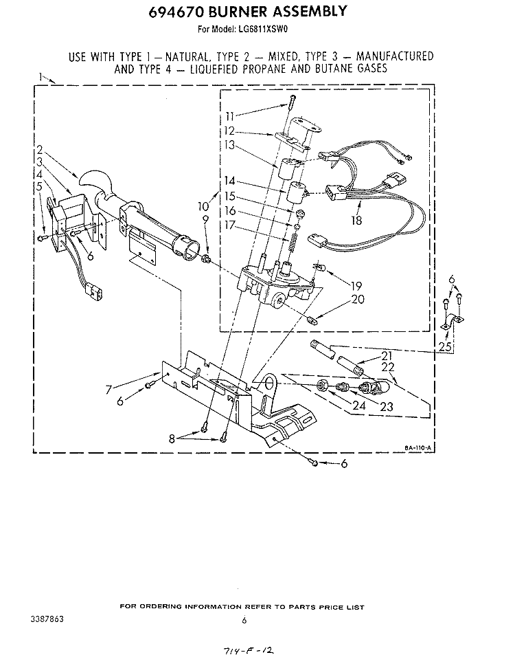 694670 BURNER Diagram and Parts List for LG6811XSW0  Whirlpool Dryer