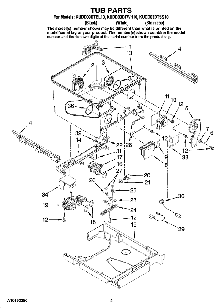 TUB PARTS Diagram and Parts List for KUDD03DTSS10  KitchenAid Dishwasher