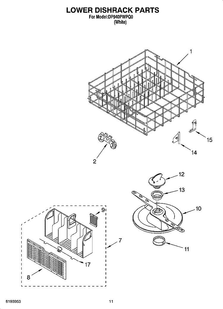 LOWER DISHRACK PARTS, OPTIONAL PARTS (NOT INCLUDED) Diagram and Parts List for DP940PWPQ0  Whirlpool Dishwasher