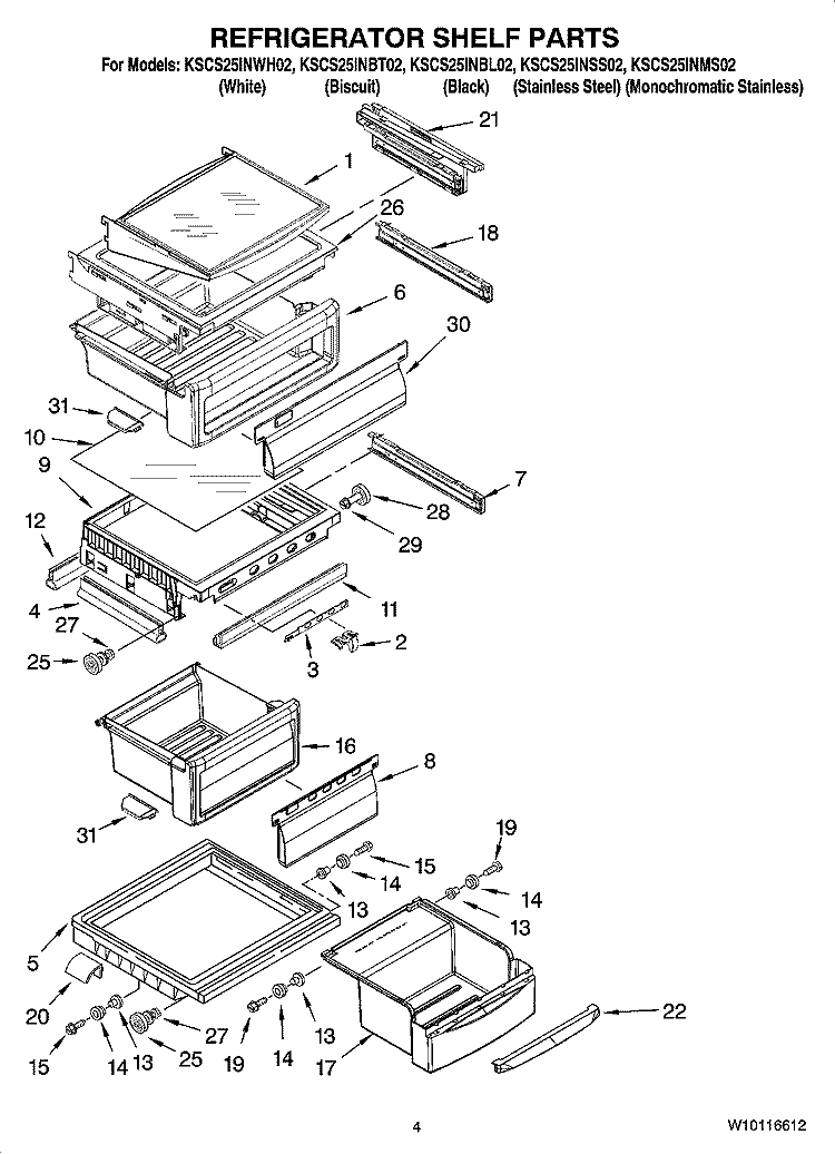 REFRIGERATOR SHELF PARTS Diagram and Parts List for KSCS25INBT02  KitchenAid Refrigerator