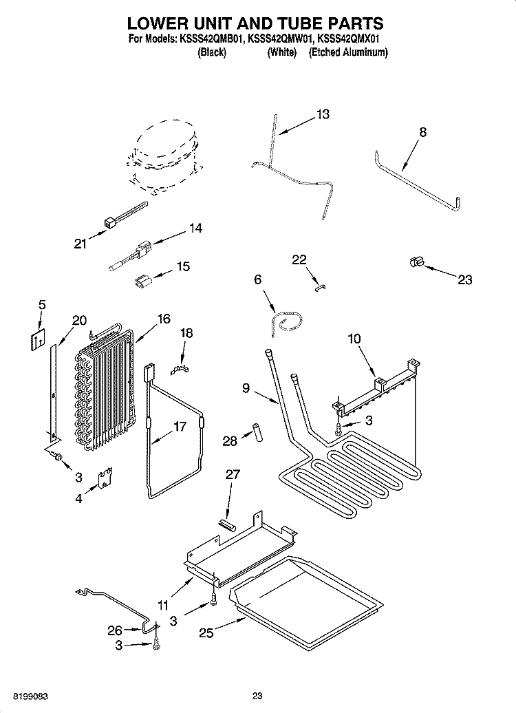 LOWER UNIT AND TUBE PARTS Diagram and Parts List for KSSS42QMX01  KitchenAid Refrigerator